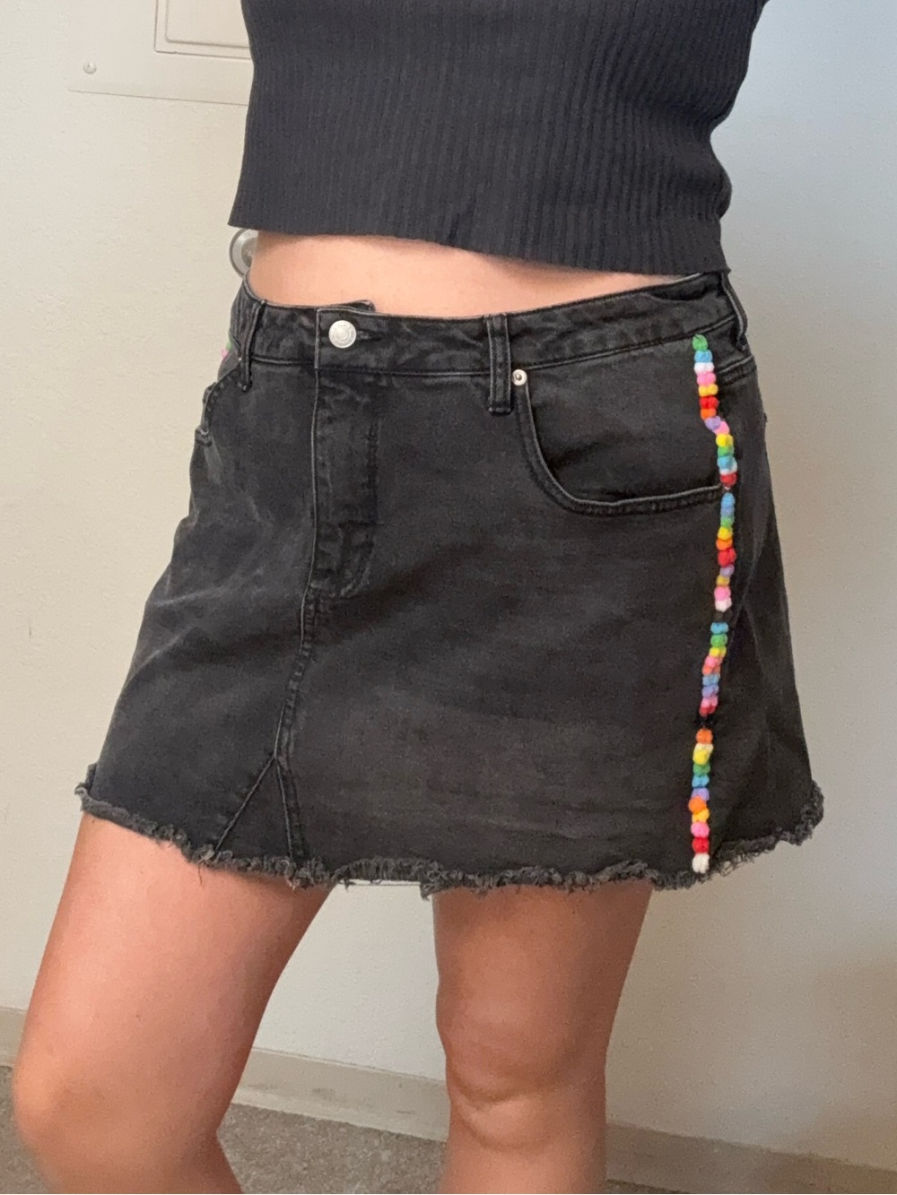 Wild Fable Black Denim Mini Skirt with Rainbow Pom Pom Accent